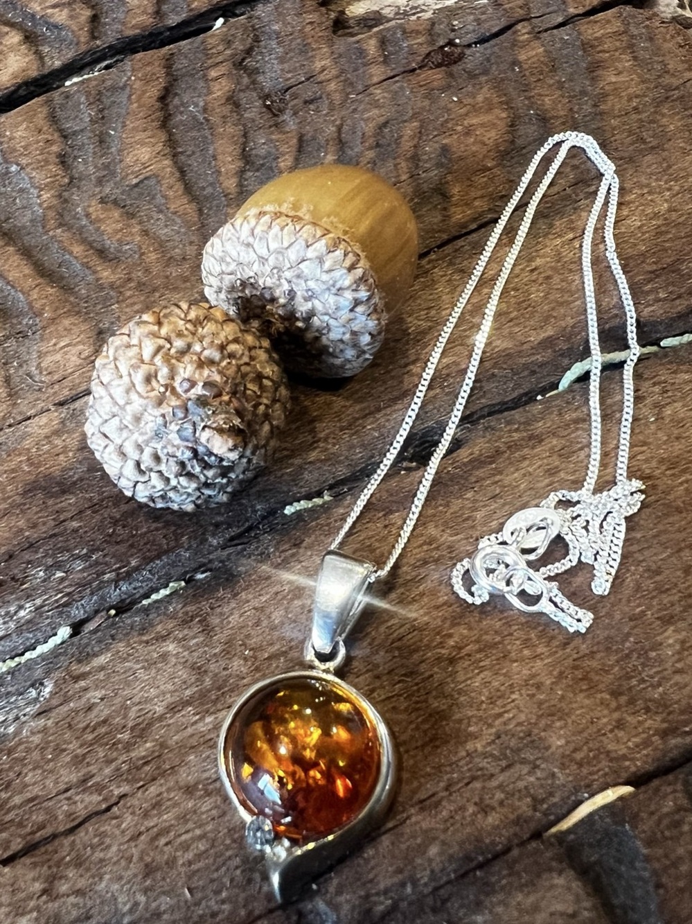 Sterling Silver Baltic Amber Necklace Pendant Cognac Honey Orange Teardrop Cz